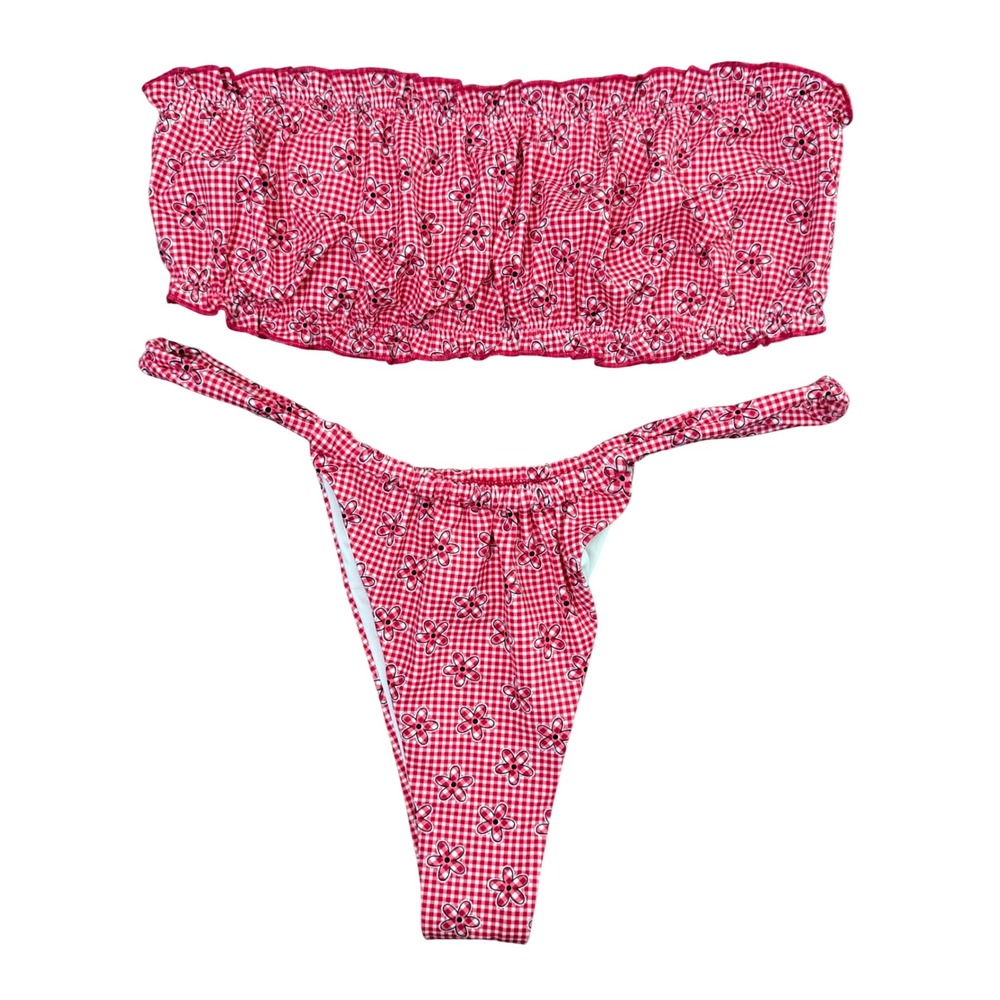PINK by Frankies Bikinis Red Gingham Floral Bandeau Thong Bikini Set XL New